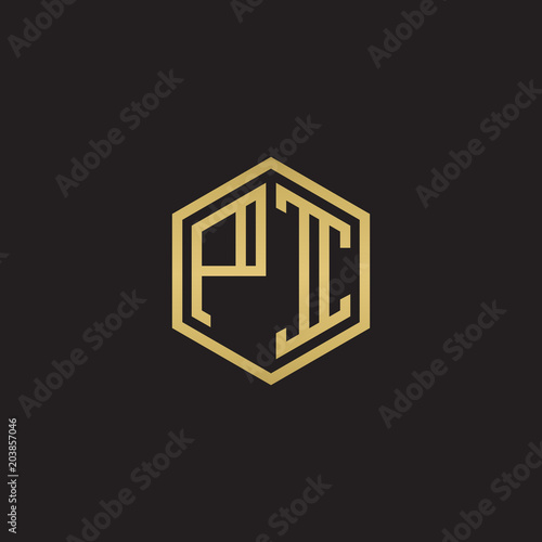 Initial letter PI, minimalist line art hexagon shape logo, gold color on black background