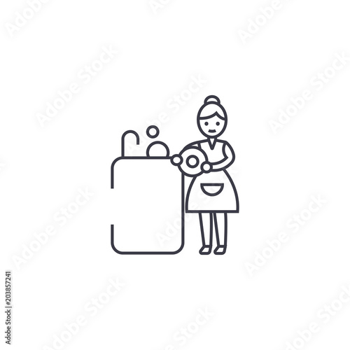 washing dishes vector line icon, sign, illustration on white background, editable strokes