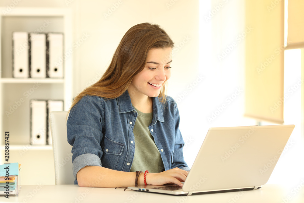 Happy office worker working with a laptop on line Happy office worker working with a laptop on line