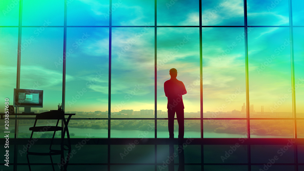Men in the huge office in front of large windows Men in the huge office in front of large windows
