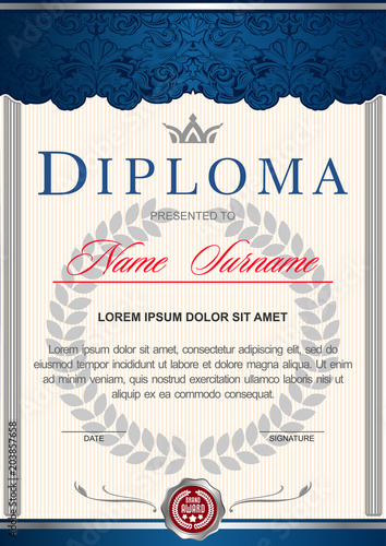 diploma vertical in the Royal style Vintage, Rococo, Baroque. Decorated with classic floral ornament, columns, flouris, crown.  blue and silver colors photo