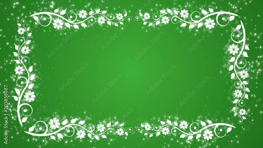Abstract green background with flower frame and glowing particles Abstract green background with flower frame and glowing particles