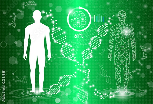 abstract background technology concept in green light,human body heal, tests analysis clone defective DNA  human,global international medical and technology modern medical science in future
