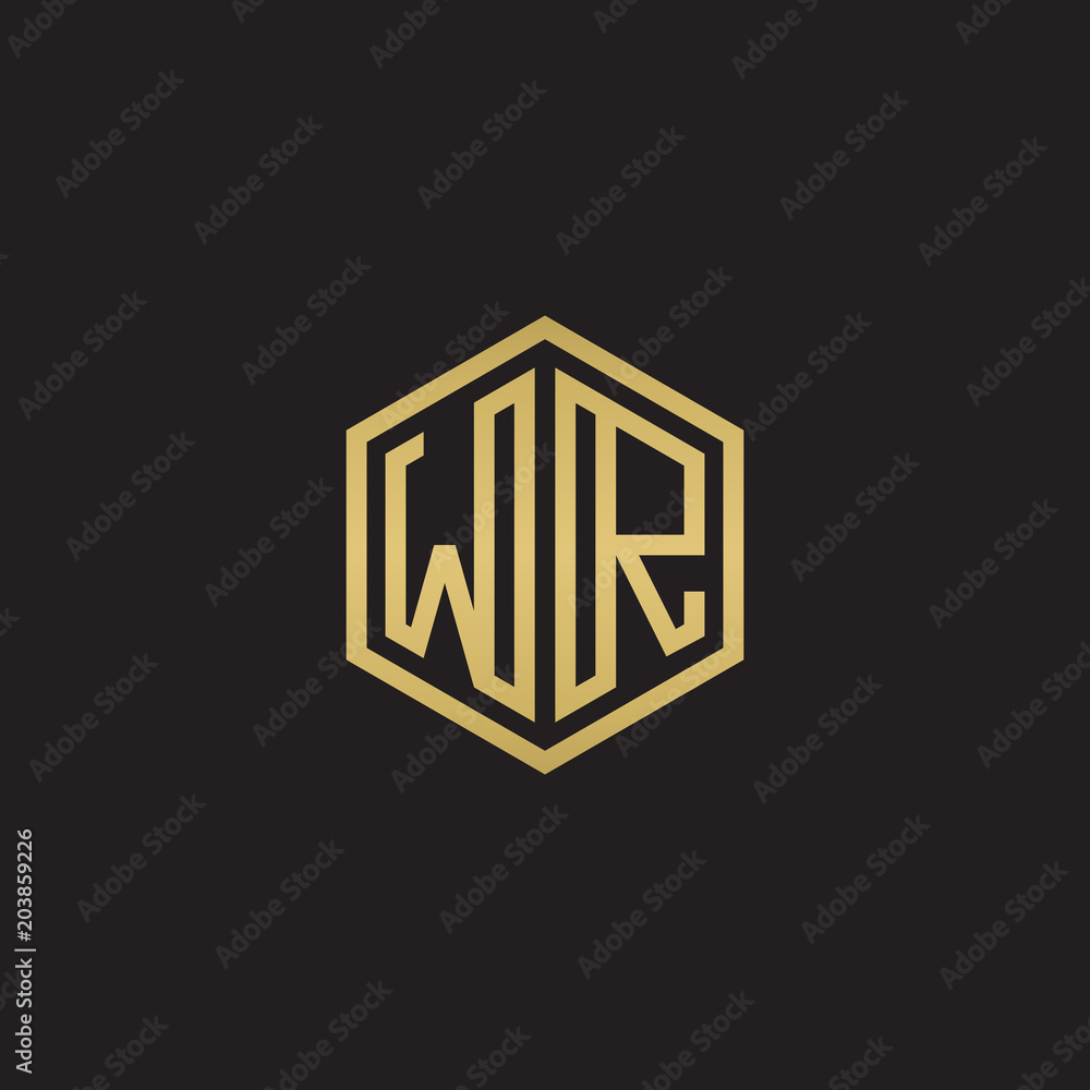 Initial letter WR, minimalist line art hexagon shape logo, gold color on black background Initial letter WR, minimalist line art hexagon shape logo, gold color on black background