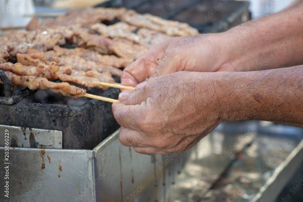 Pork screwer street food  as pork barbecue in Thailand