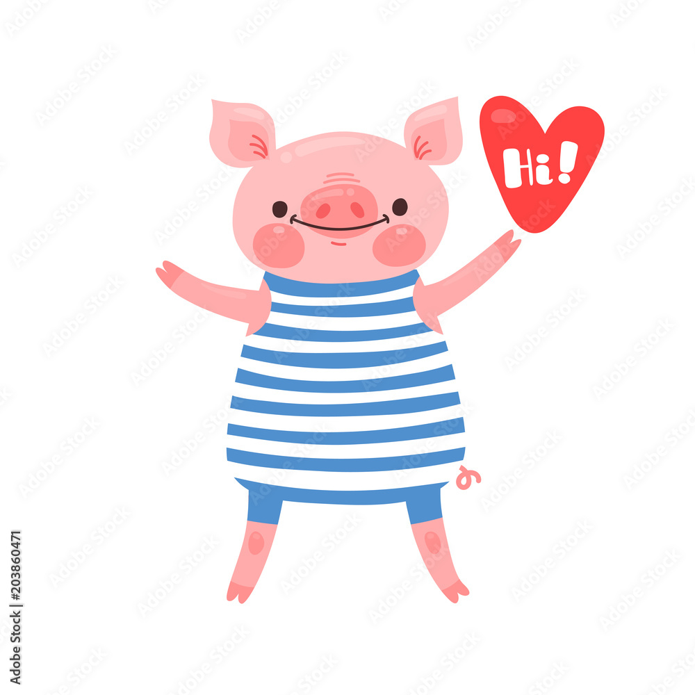 Greeting card with cute piglet. Sweet pig says hi. Vector illustration Greeting card with cute piglet. Sweet pig says hi. Vector illustration