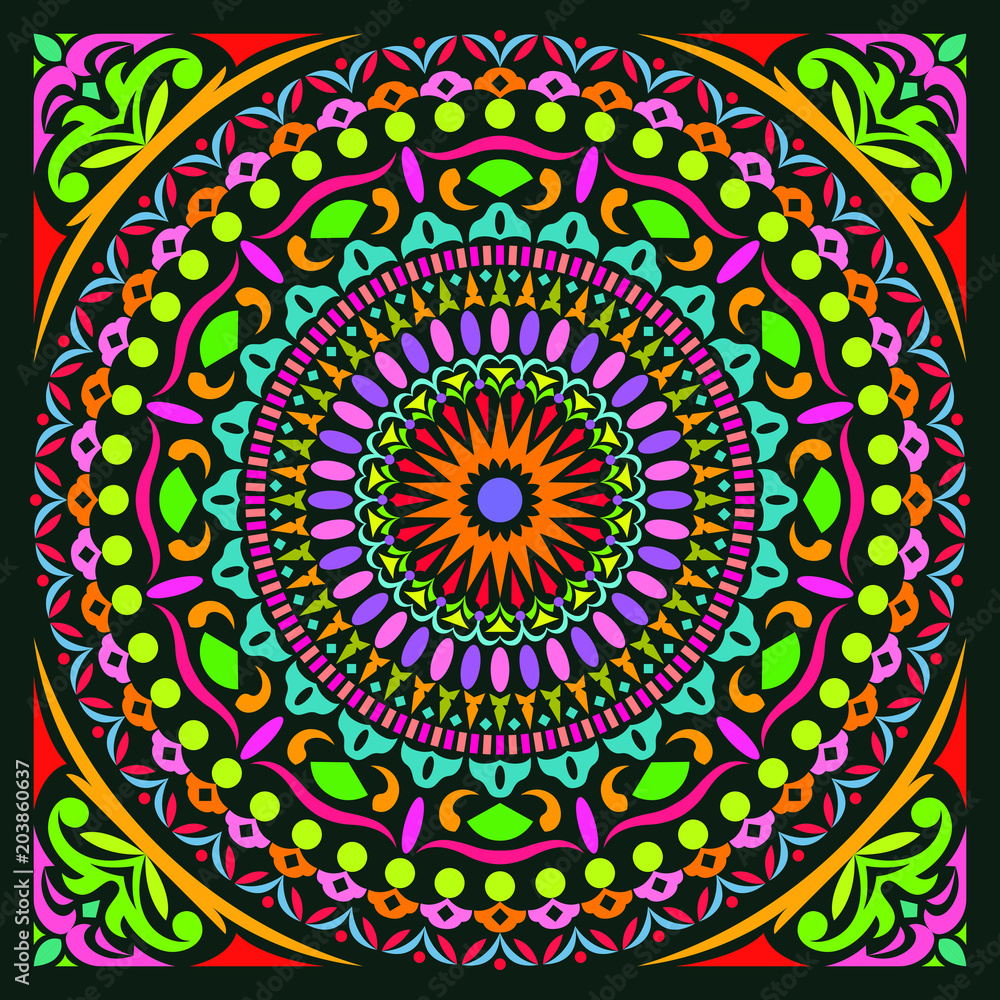 Colorful Mandala Art Beautiful Sacred Creative Geometric Pop Art Frame Traditional Geometric Symmetry Ornament Background Stock Vector | Adobe Stock