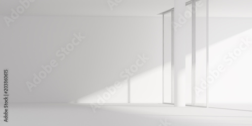 3D stimulate of white room interior space and concrete floor with sun light cast rhythm of shadow on the wall,Perspective of minimal design architecture	