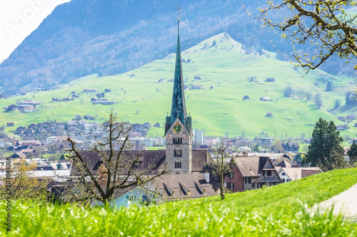 View of the town of Stans in Switzerland from the foot of Mt. Stanserhorn at the beginning of May. The town of Stans is the capital of the Swiss canton of Nidwalden.