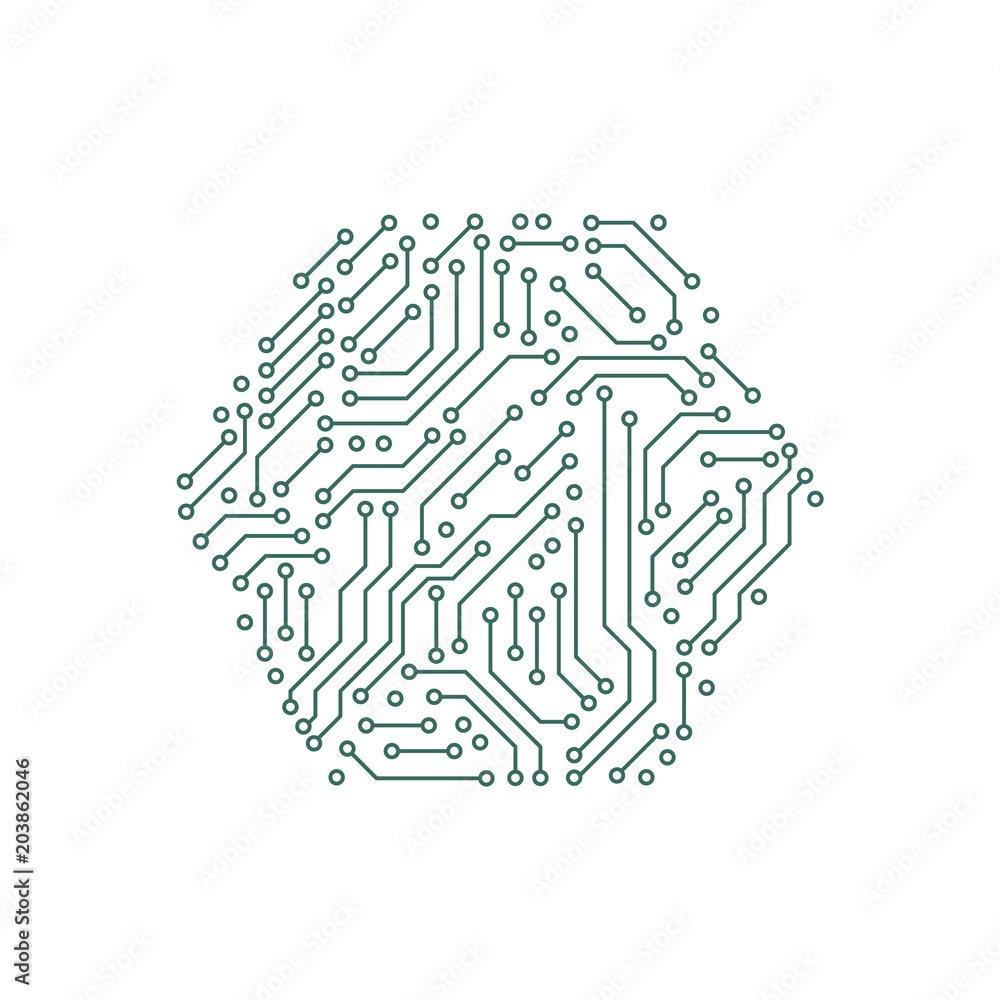 Printed circuit board green and white computer technology elements in a shape of a hex, vector Printed circuit board green and white computer technology elements in a shape of a hex, vector