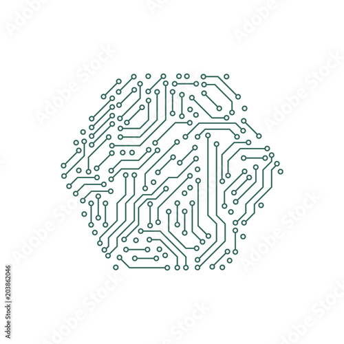 Printed circuit board green and white computer technology elements in a shape of a hex, vector