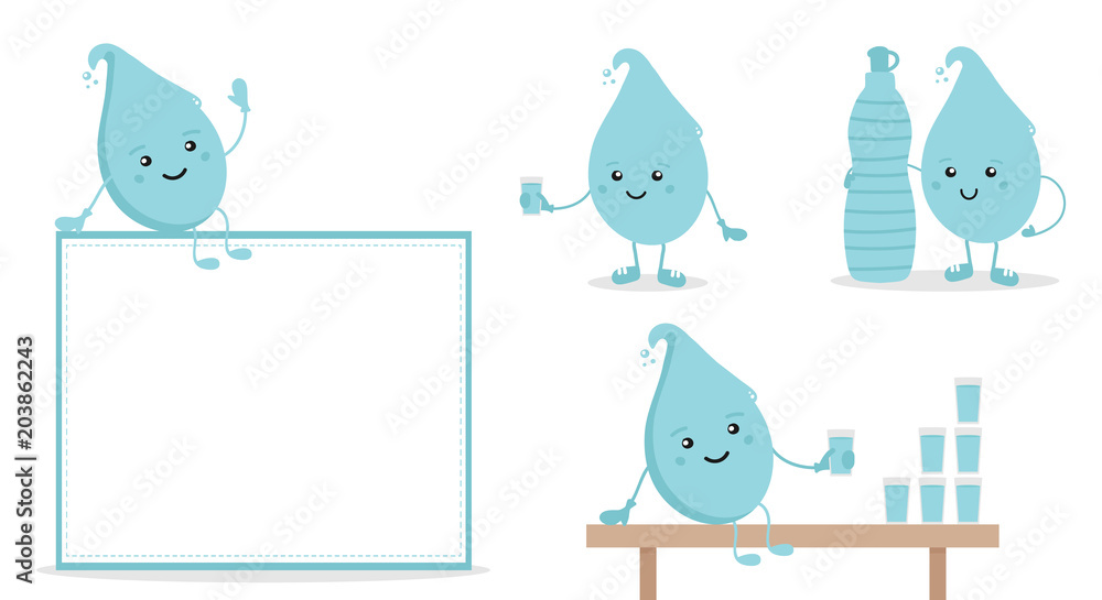 Set, collection of cute cartoon water drop characters with bottle and