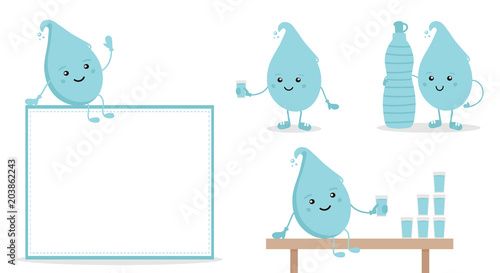 Set, collection of cute cartoon water drop characters with bottle and glass of water, promoting the idea of hydrate yourself and importance of drinking a lot of water.