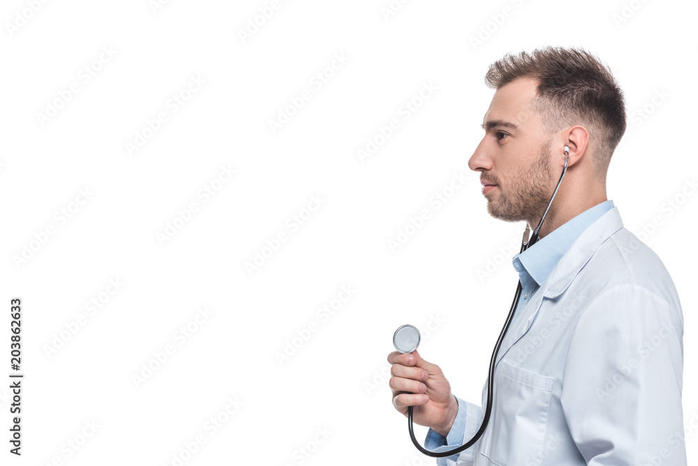 side view of male doctor with stethoscope isolated on white background side view of male doctor with stethoscope isolated on white background