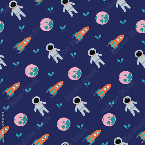 Astronaut, planet, plant, rocket in pink navy. A playful, modern, and flexible pattern for brand who has cute and fun style. Repeated pattern. Happy, bright, and magical mood.