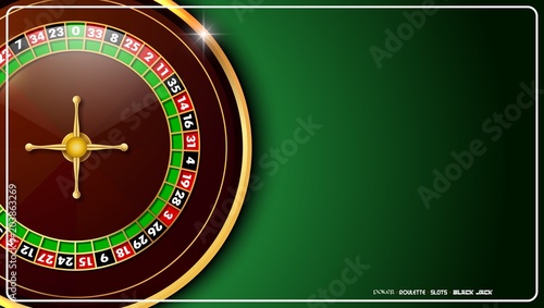 Casino roulette wheel isolated on green background