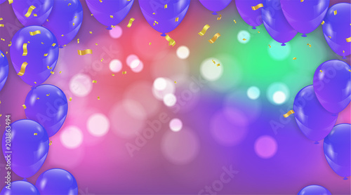Abstract vector background with bokeh effect and Vector party balloons illustration.  Purple and pink colorful balloons Balloons and confetti Carnival festival