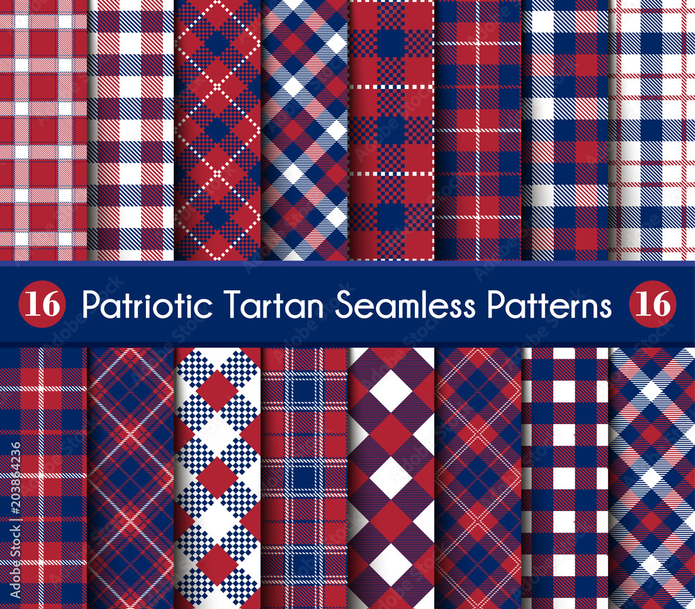 Obraz premium Patriotic Tartan Set of White , Blue, Red Seamless Patterns