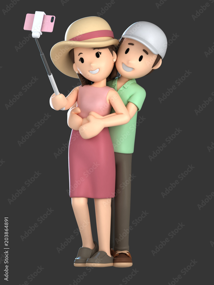 3d render of a couple taking a selfie on a vacation; 3d render of a couple taking a selfie on a vacation;