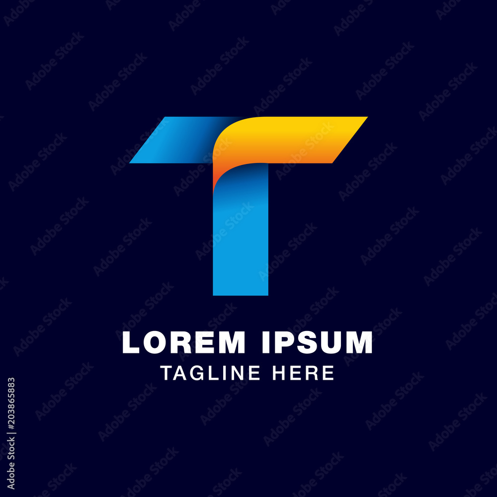 letter T logo template in gradients style. blue, yellow, and orange color letter T logo template in gradients style. blue, yellow, and orange color