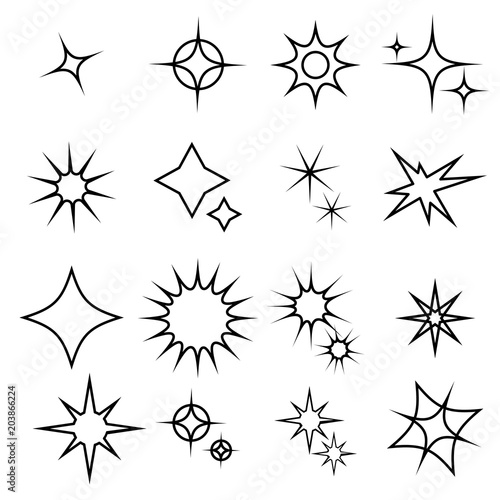 Sparkles thin line icons set. Collection of simple stars  twinkles and lights. Vector illustrations isolated on white background.