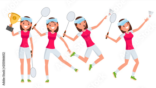 Badminton Young Woman Player Vector. Girl Athlete Player. Jumping, Practicing. Flat Cartoon Illustration