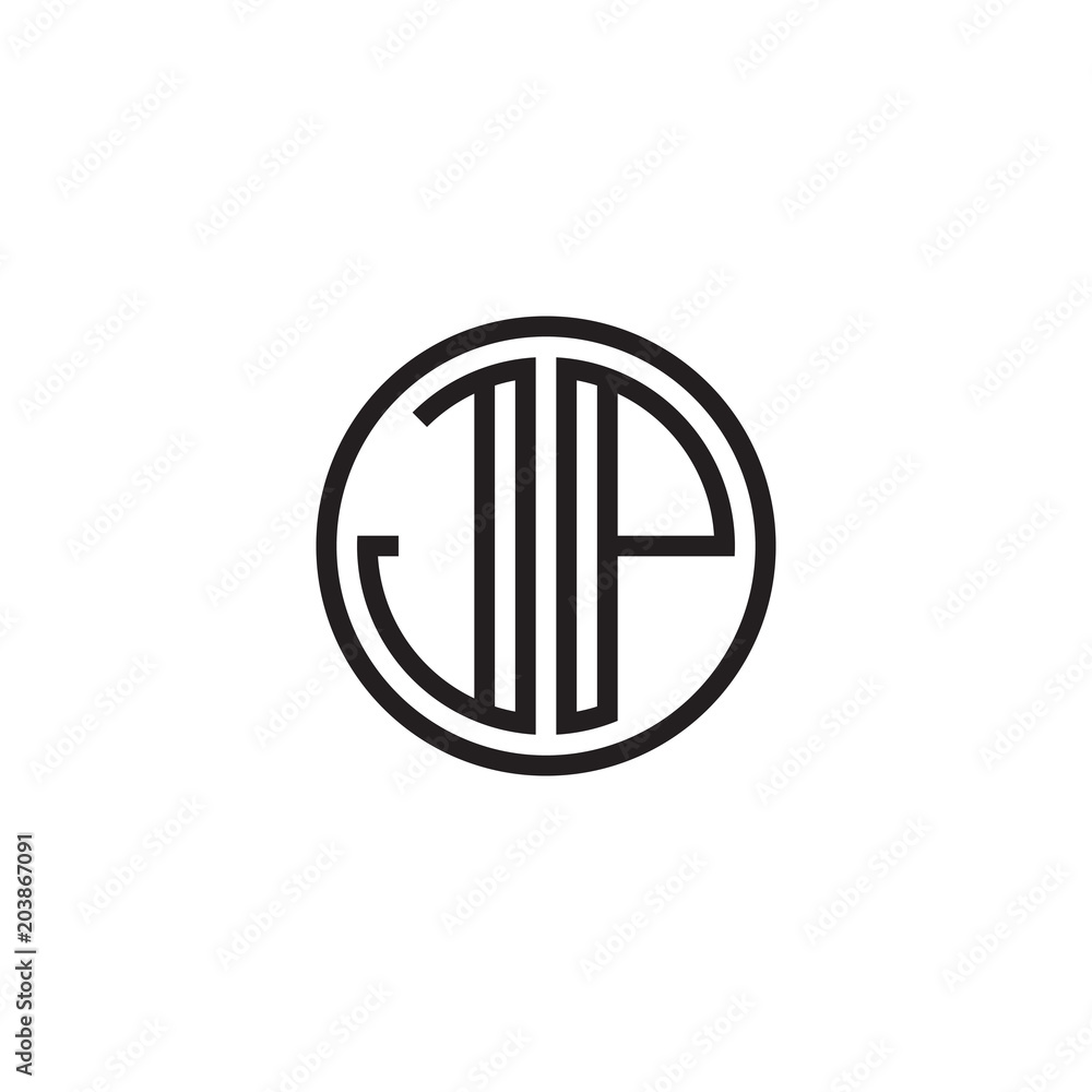 Initial letter JP, minimalist line art monogram circle shape logo, black color Initial letter JP, minimalist line art monogram circle shape logo, black color