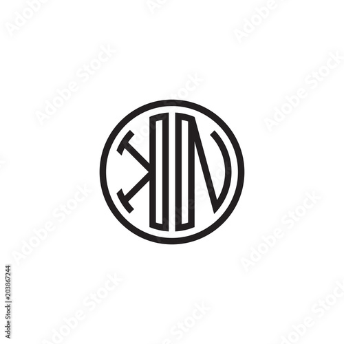Initial letter KN, minimalist line art monogram circle shape logo, black color