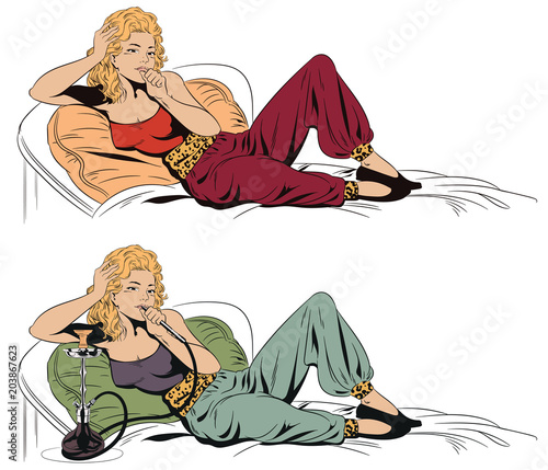 Girl resting with a hookah. Stock illustration.