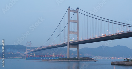 Tsing ma suspension bridge in Hong Kong st sunset time