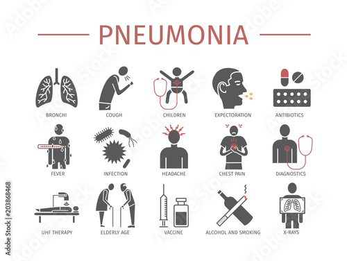 Pneumonia. Symptoms, Treatment. Flat icons set. Vector infographics. photo