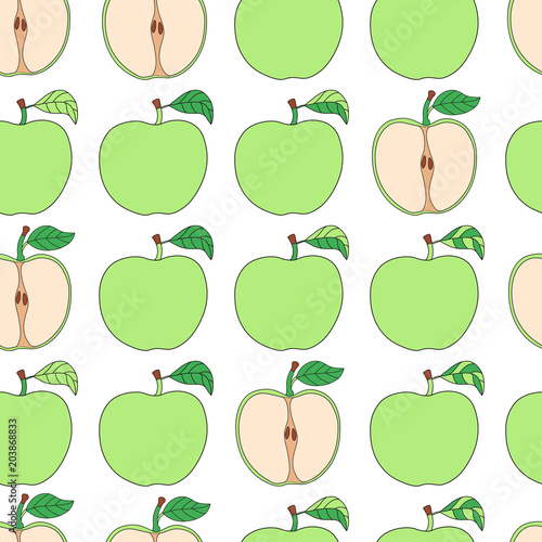 Seamless pattern with cartoon green apples.