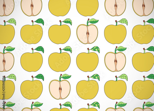 Horizontal card. Pattern with cartoon yellow apples.