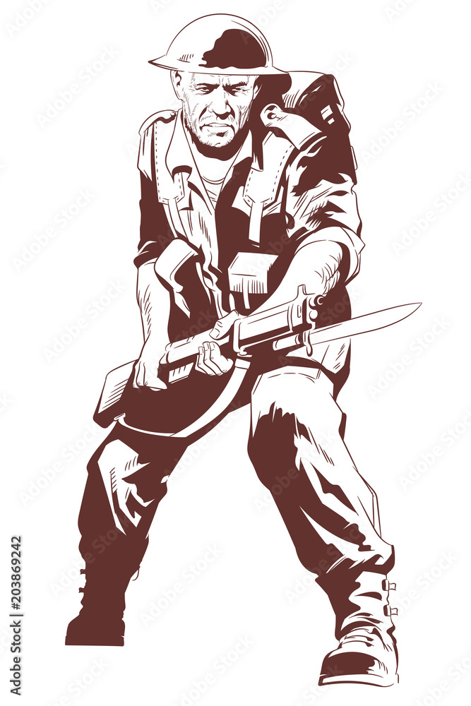 Fototapeta premium Military man with machine gun. Stock illustration.