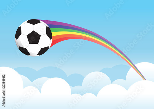 soccer ball with rainbow trail on clouds and sky background
