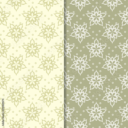 Olive green set of floral seamless patterns