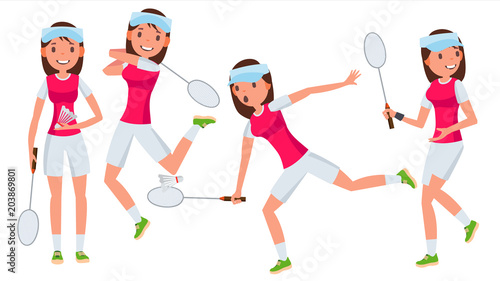 Badminton Female Player Vector. In Action. Championship Training. Cartoon Character Illustration