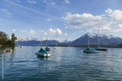 Sailing boats in port at lake Thun infornt of Alps mountain