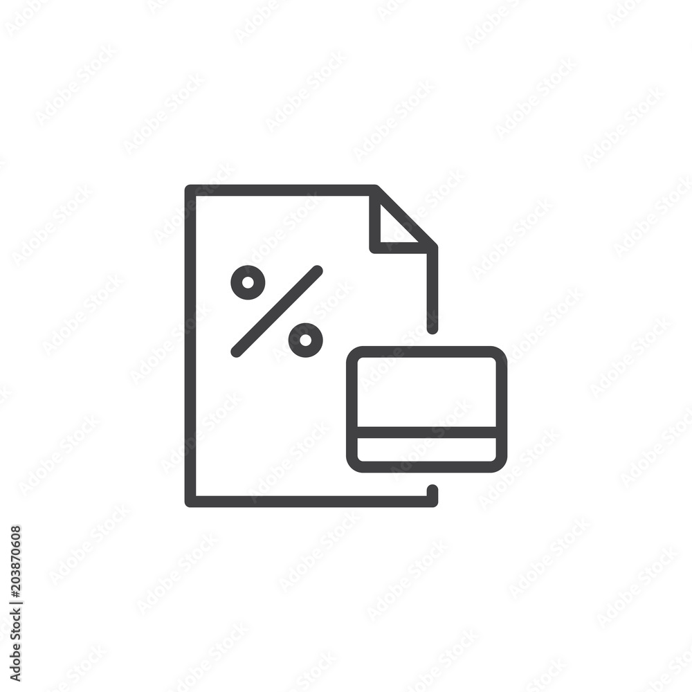 Credit card and Percent contract outline icon. linear style sign for mobile concept and web design. Banking agreement simple line vector icon. Symbol, logo illustration. Pixel perfect vector graphics Credit card and Percent contract outline icon. linear style sign for mobile concept and web design. Banking agreement simple line vector icon. Symbol, logo illustration. Pixel perfect vector graphics