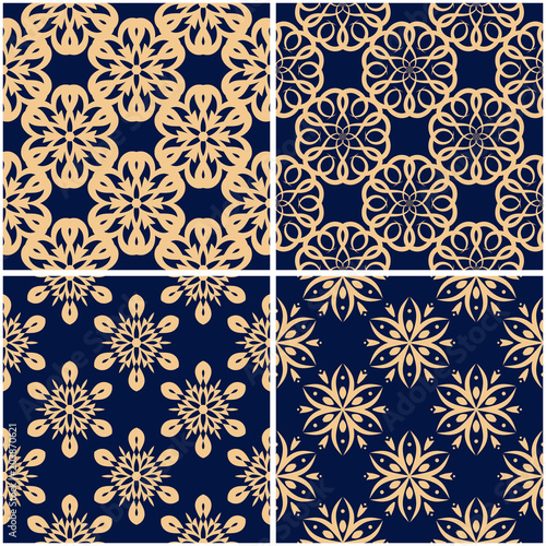 Floral patterns. Set of golden blue seamless backgrounds