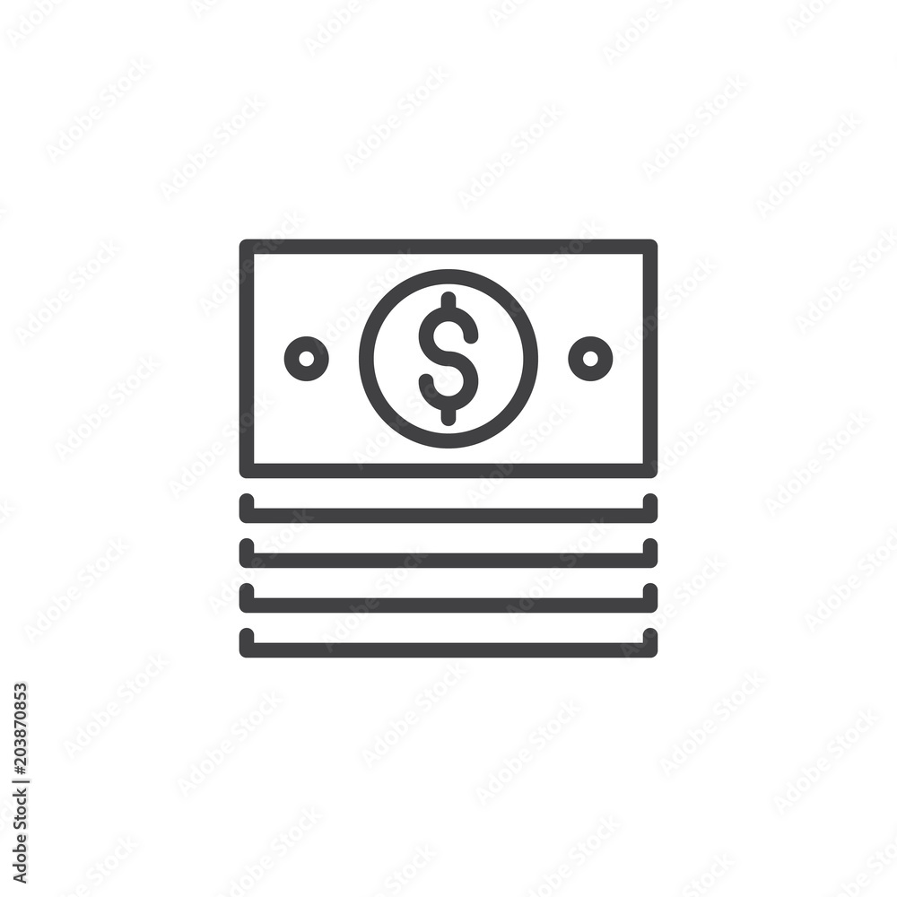 Dollar stack pack outline icon. linear style sign for mobile concept and web design. Cash money banknotes simple line vector icon. Symbol, logo illustration. Pixel perfect vector graphics Dollar stack pack outline icon. linear style sign for mobile concept and web design. Cash money banknotes simple line vector icon. Symbol, logo illustration. Pixel perfect vector graphics