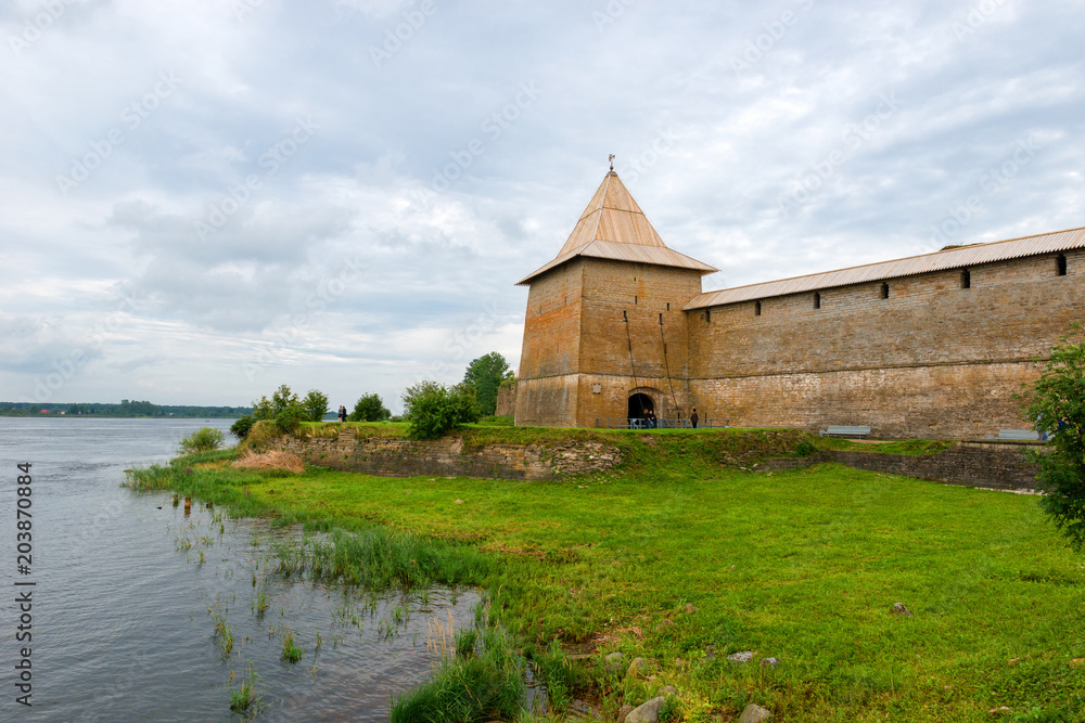 Fortress in the source of the Neva River, Russia, Shlisselburg: Fortress Oreshek. Medieval Russian defensive structure and political prison