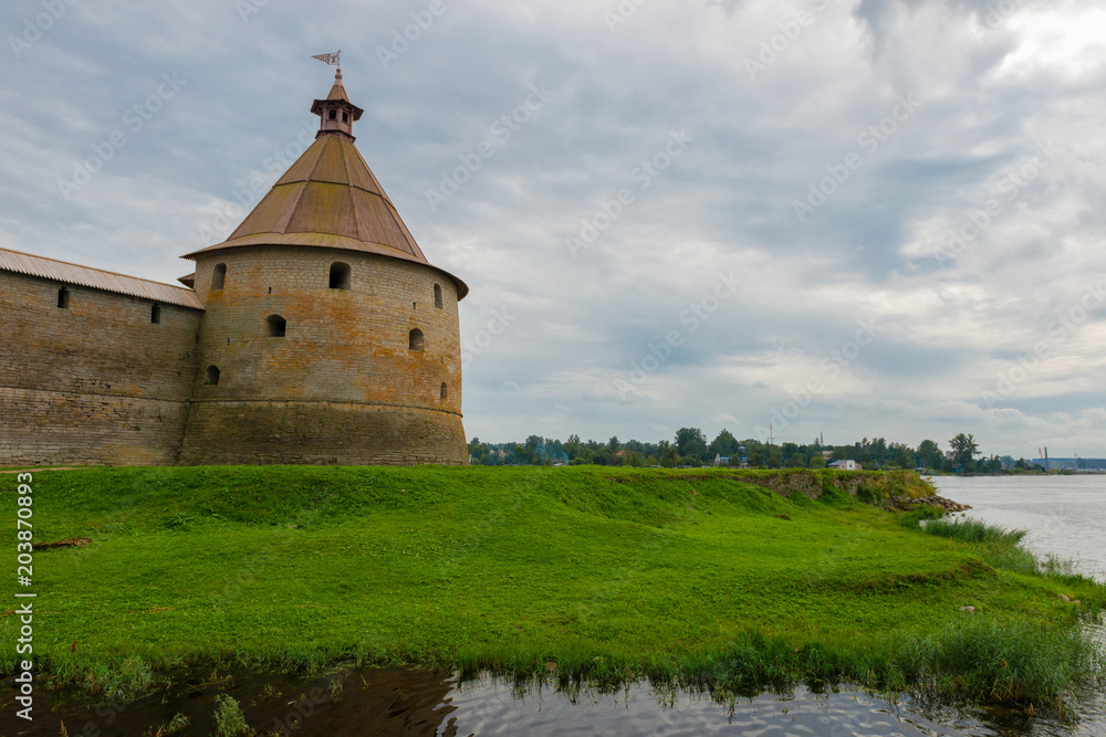 Fortress in the source of the Neva River, Russia, Shlisselburg: Fortress Oreshek. Medieval Russian defensive structure and political prison Fortress in the source of the Neva River, Russia, Shlisselburg: Fortress Oreshek. Medieval Russian defensive structure and political prison