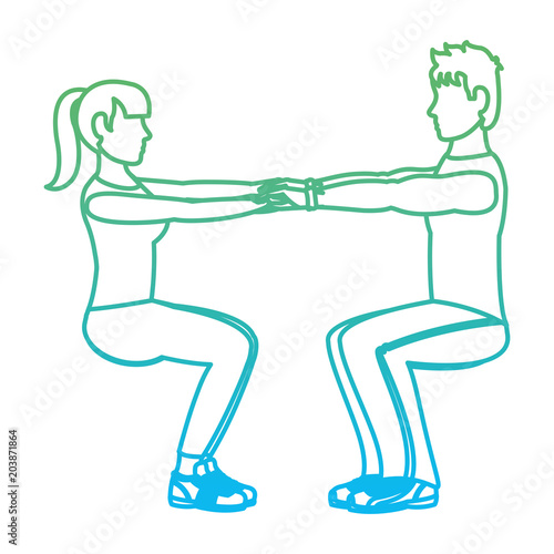 degraded line fitness woman and man doing squats training