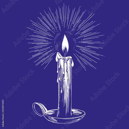 burning candle shines in the dark hand drawn vector illustration realistic sketch