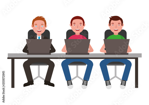 mens with desk and laptop computer vector illustration design