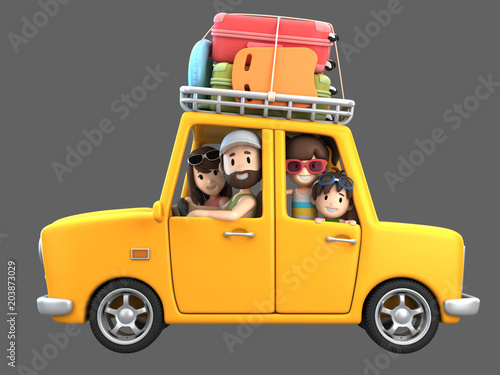 3d render of a family riding in a car for a vacation