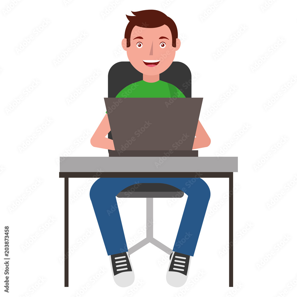 man with desk and laptop computer isolated icon vector illustration design man with desk and laptop computer isolated icon vector illustration design