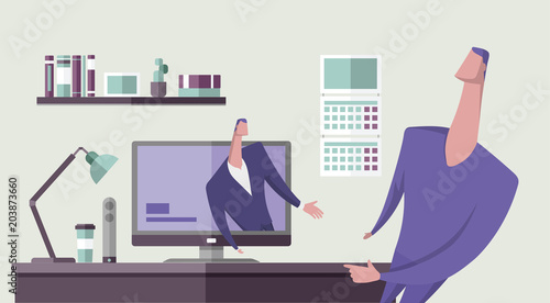 Man talking to another man from computer monitor in office interior. Online education. Distance teaching. Webinar. Concept vector illustration. Flat style. Horizontal.