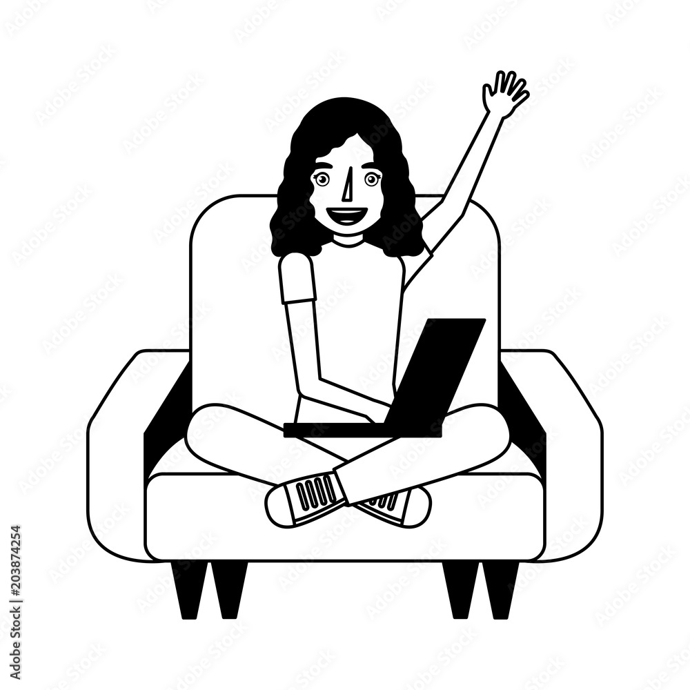woman with laptop in the sofa character vector illustration design